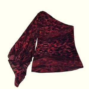 Grayse Women’s XS Elegant One Shoulder Sleeve Red & Black Evening Blouse Shirt
